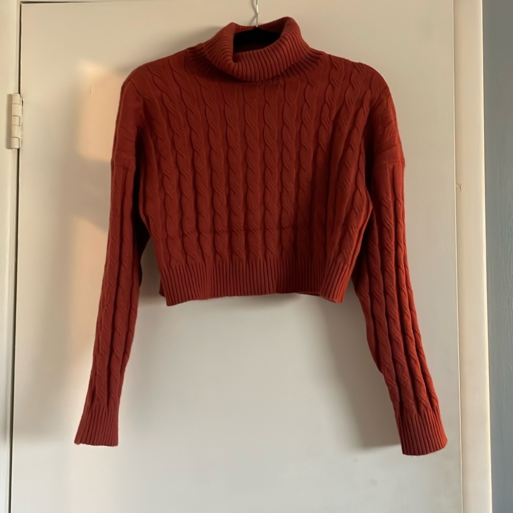 Rust Brown Cropped Stretch Turtleneck Sweater Small